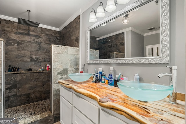 bathroom featuring ornamental molding, a sink, and walk in shower