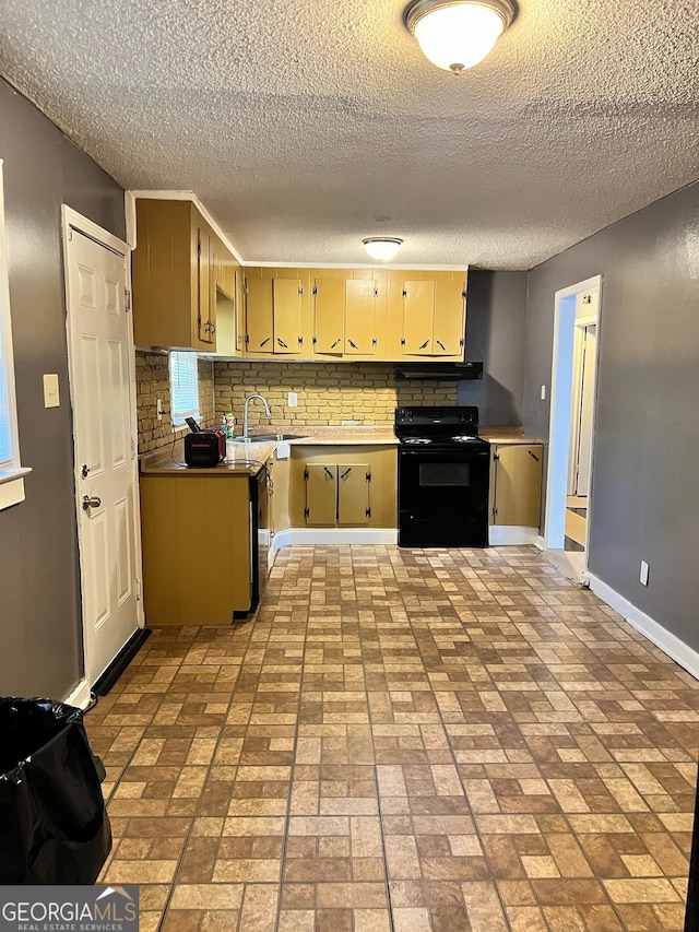 kitchen with black range with electric stovetop, sink, a textured ceiling, and backsplash