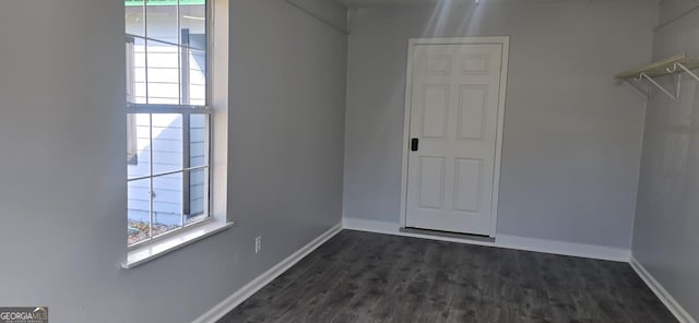 walk in closet with dark wood-style flooring