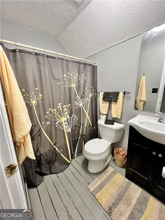 bathroom with lofted ceiling, vanity, hardwood / wood-style flooring, and a textured ceiling