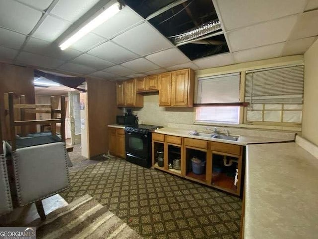 kitchen with a drop ceiling, black range with electric stovetop, and sink