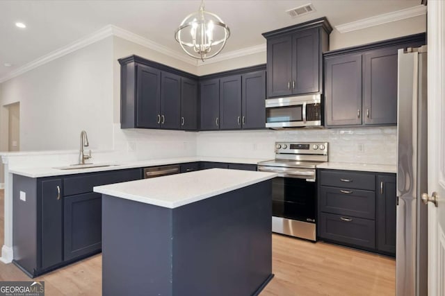 kitchen featuring sink, appliances with stainless steel finishes, hanging light fixtures, a center island, and light wood-type flooring