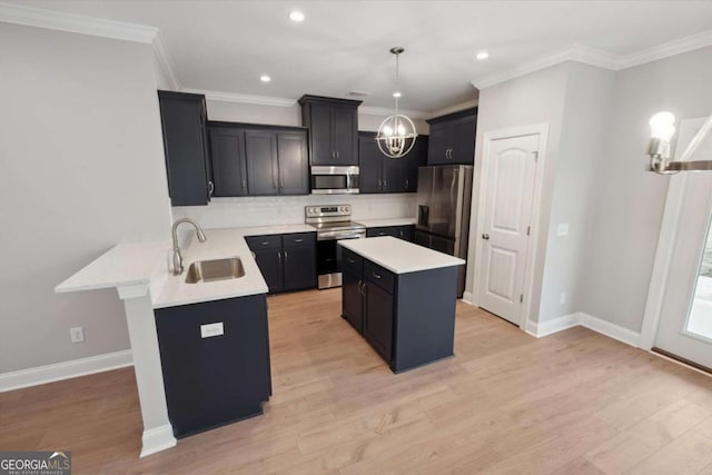 unfurnished dining area with crown molding, a notable chandelier, light wood-type flooring, and french doors