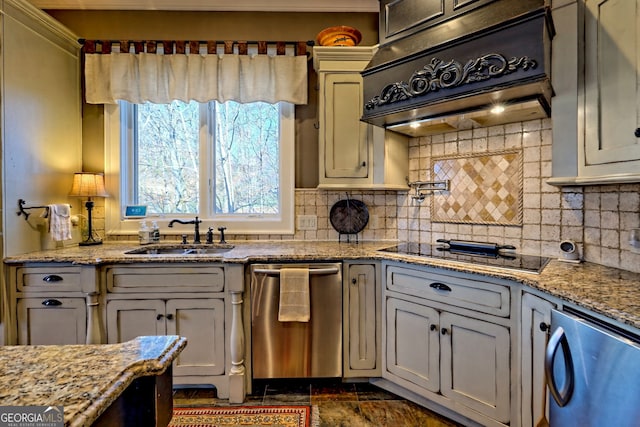 kitchen with tasteful backsplash, premium range hood, sink, and stainless steel dishwasher