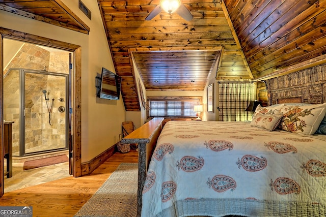 bedroom featuring ceiling fan, lofted ceiling, wood ceiling, and light hardwood / wood-style floors