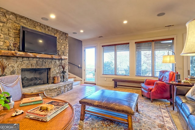 living room with a fireplace