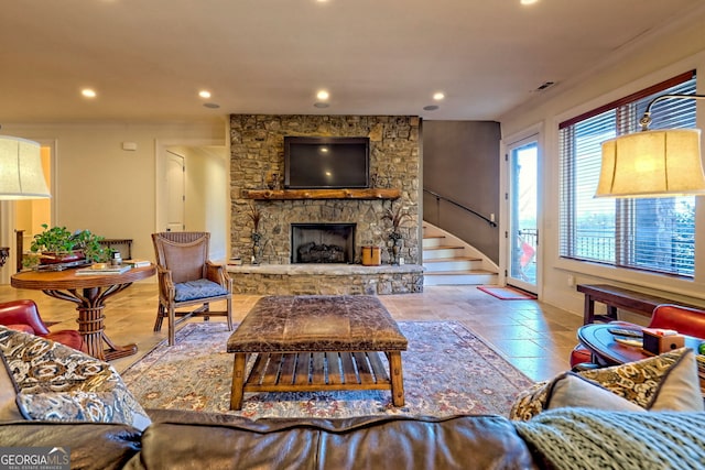 living room featuring a fireplace