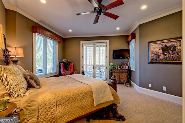 bedroom with crown molding, access to outside, ceiling fan, and carpet flooring