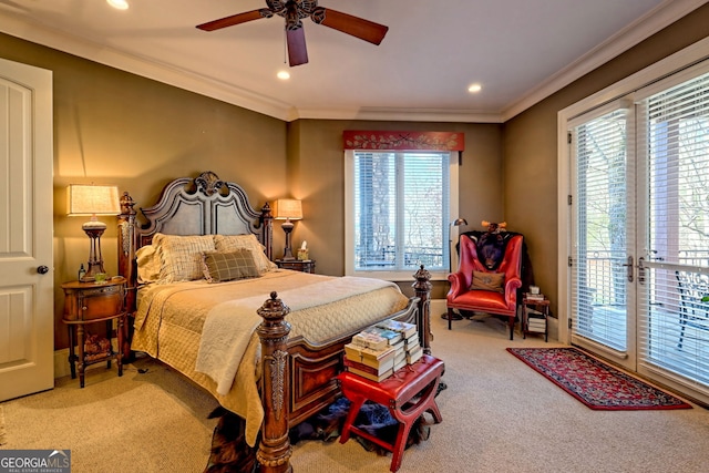 carpeted bedroom featuring multiple windows, access to exterior, crown molding, and ceiling fan