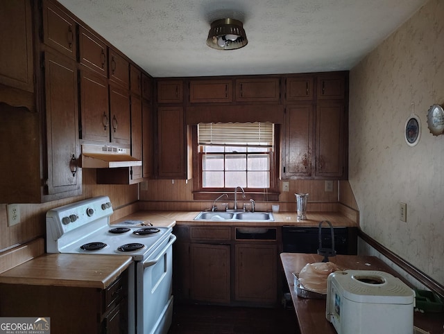 kitchen featuring dark brown cabinets, white electric range oven, sink, and a textured ceiling