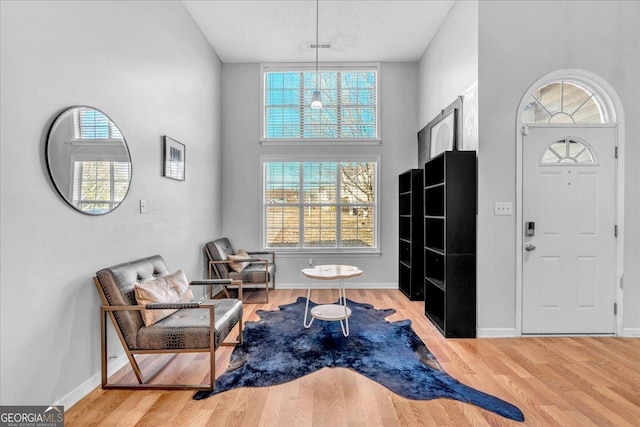 foyer with a towering ceiling, hardwood / wood-style floors, and a textured ceiling