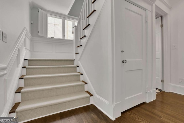 stairway with hardwood / wood-style flooring