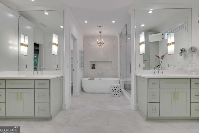 bathroom with vanity, shower with separate bathtub, a notable chandelier, and crown molding