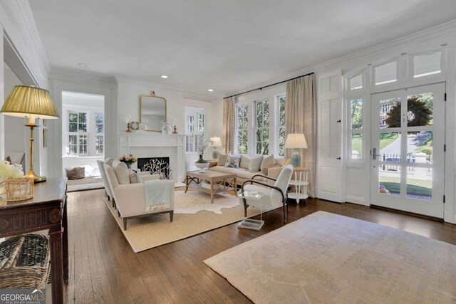 living room featuring hardwood / wood-style flooring and crown molding