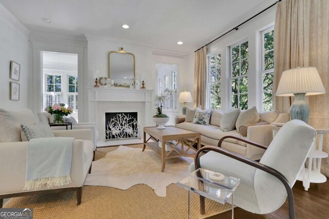 living room with crown molding and dark wood-type flooring