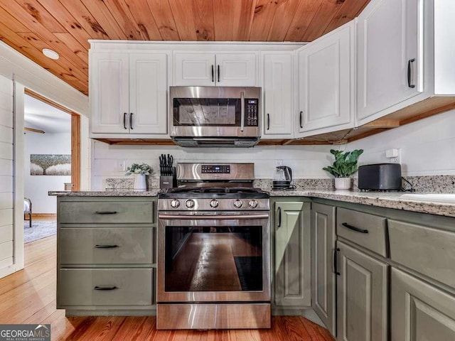 kitchen featuring wooden ceiling, light hardwood / wood-style floors, white cabinets, and appliances with stainless steel finishes