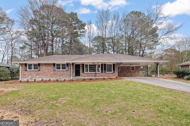 ranch-style house with a carport and a front lawn