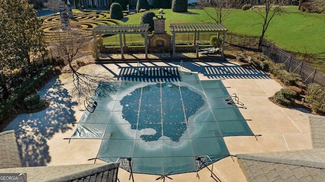 view of pool with a fireplace and a pergola