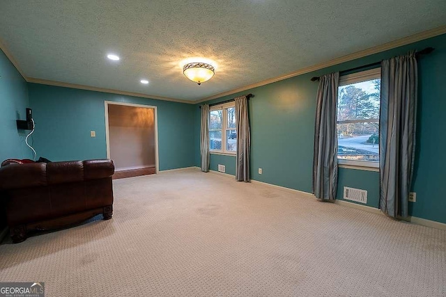 carpeted living room with ornamental molding and a textured ceiling