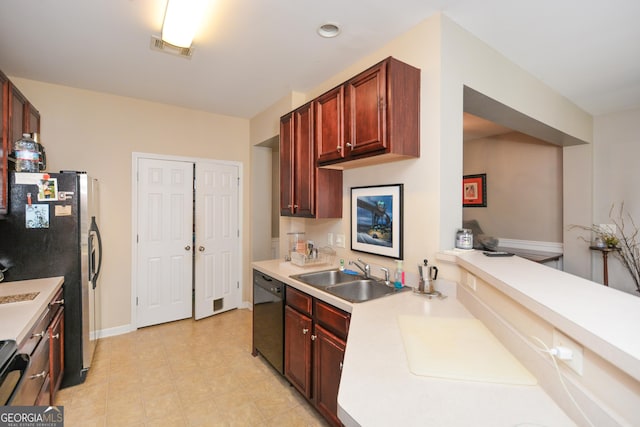 kitchen with stainless steel fridge with ice dispenser, sink, and black dishwasher