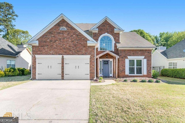 traditional home featuring driveway, brick siding, and a front yard