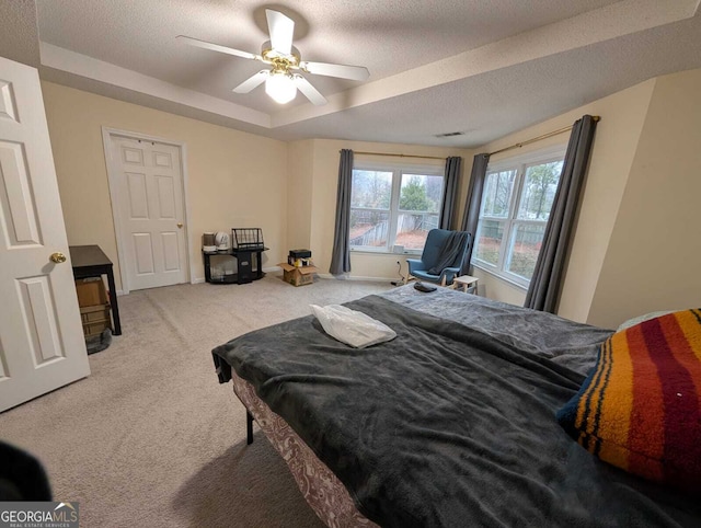 bedroom with a textured ceiling, light colored carpet, visible vents, baseboards, and a raised ceiling