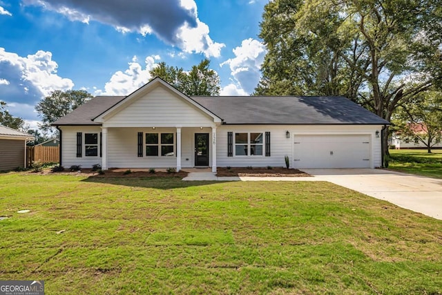 ranch-style house with a garage and a front yard