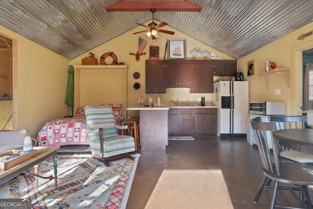 living room featuring sink, wood ceiling, ceiling fan, wooden walls, and vaulted ceiling