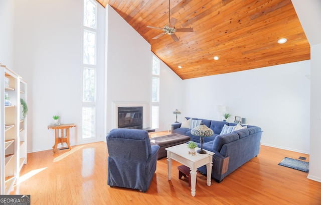 living room featuring wood ceiling, hardwood / wood-style flooring, built in features, ceiling fan, and high vaulted ceiling