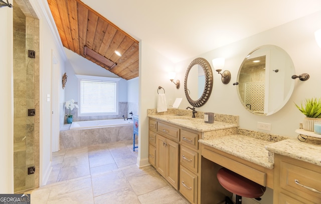 bathroom with vanity, independent shower and bath, tile patterned flooring, and wooden ceiling