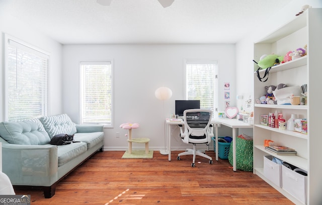 office space with plenty of natural light, light hardwood / wood-style floors, and a textured ceiling