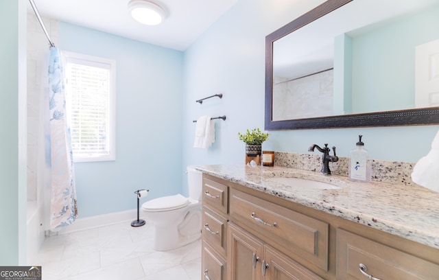 full bathroom with vanity, toilet, and shower / tub combo with curtain