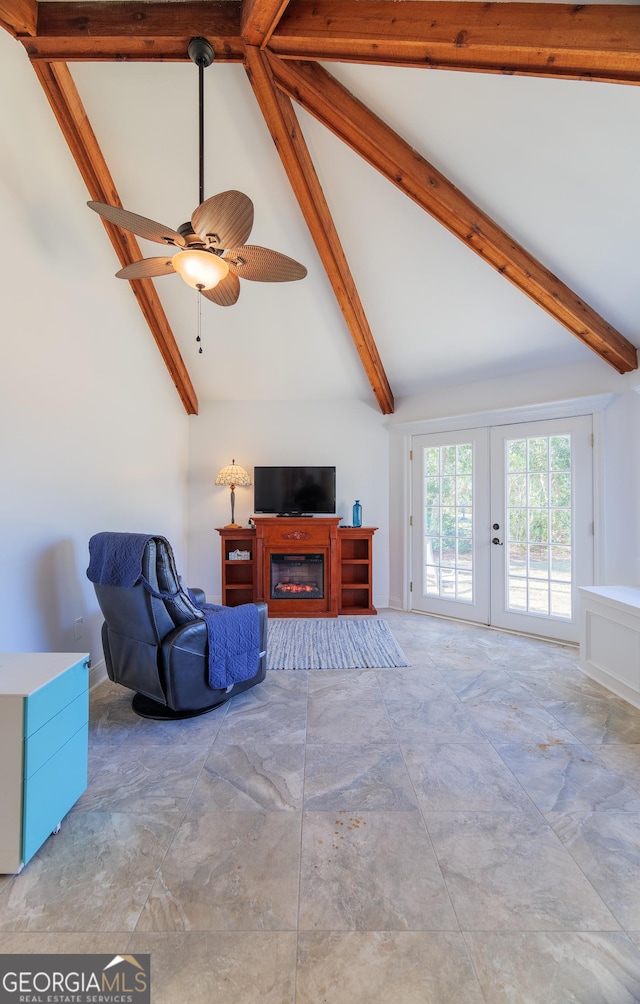 living room with beamed ceiling, ceiling fan, high vaulted ceiling, and french doors