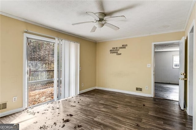 unfurnished room featuring dark hardwood / wood-style flooring, crown molding, and ceiling fan