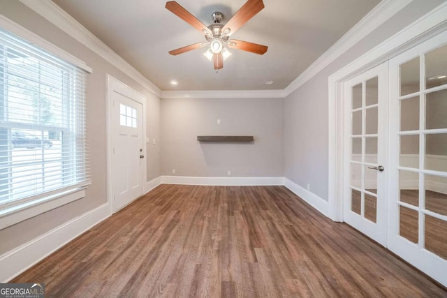 3693 Aldea Dr, Decatur, GA 30032 - empty room with crown molding, hardwood / wood-style floors, ceiling fan, and french doors