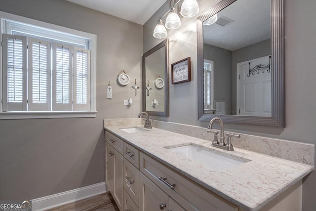 bathroom with vanity and hardwood / wood-style flooring