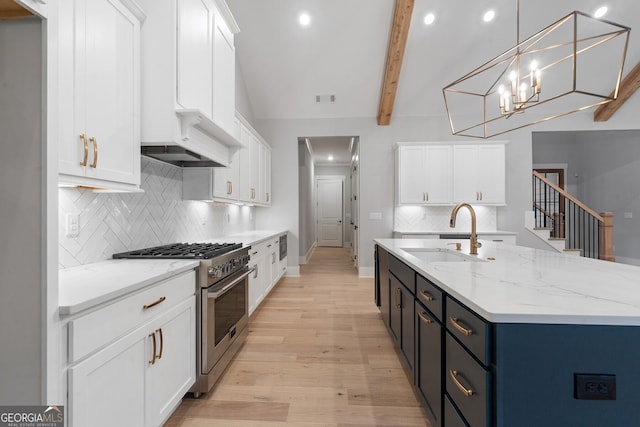 kitchen with white cabinetry, sink, and high end stainless steel range