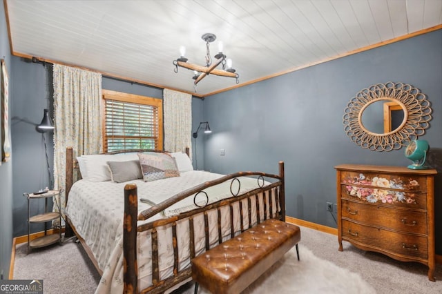 carpeted bedroom featuring crown molding, wooden ceiling, and a notable chandelier