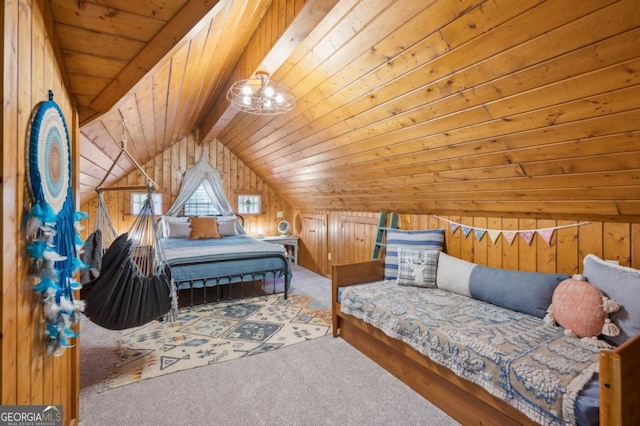 bedroom with lofted ceiling with beams, light colored carpet, wooden ceiling, and wood walls