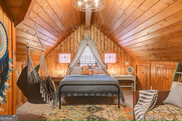 carpeted bedroom with wood ceiling, wooden walls, and lofted ceiling with beams