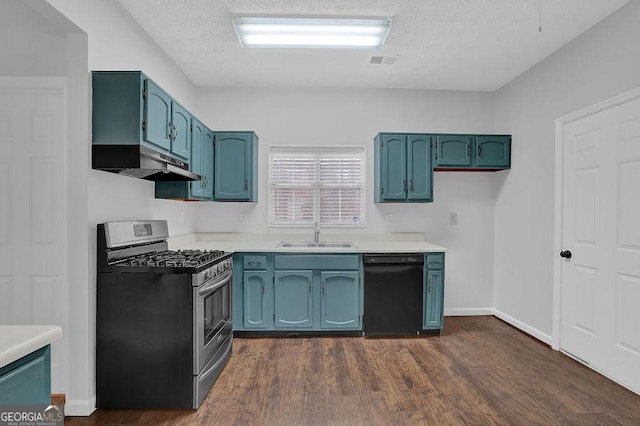 kitchen with black dishwasher, sink, dark hardwood / wood-style flooring, gas stove, and blue cabinetry