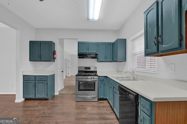 kitchen with sink, dishwasher, extractor fan, dark hardwood / wood-style flooring, and stainless steel range with gas cooktop