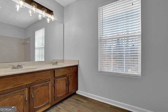 bathroom with vanity and hardwood / wood-style flooring