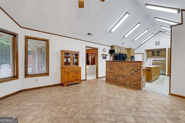 living room featuring ceiling fan and lofted ceiling