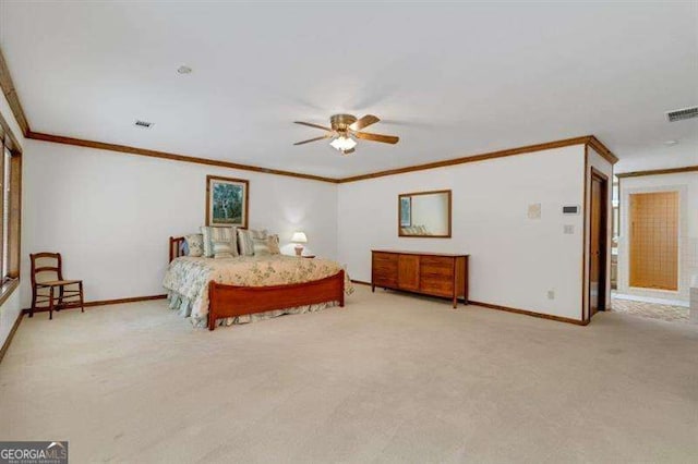 carpeted bedroom featuring ceiling fan and ornamental molding