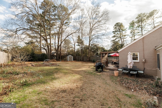 view of yard featuring a storage unit