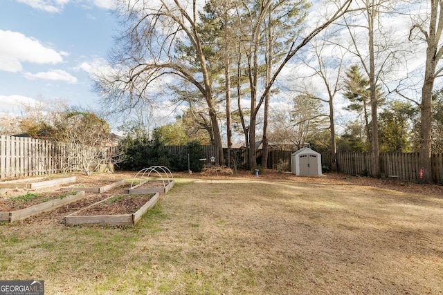 view of yard featuring a storage shed