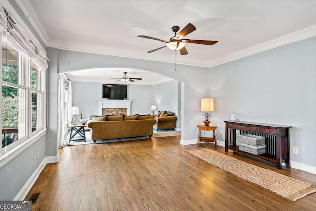 living room featuring hardwood / wood-style floors, a stone fireplace, a wealth of natural light, and ornamental molding