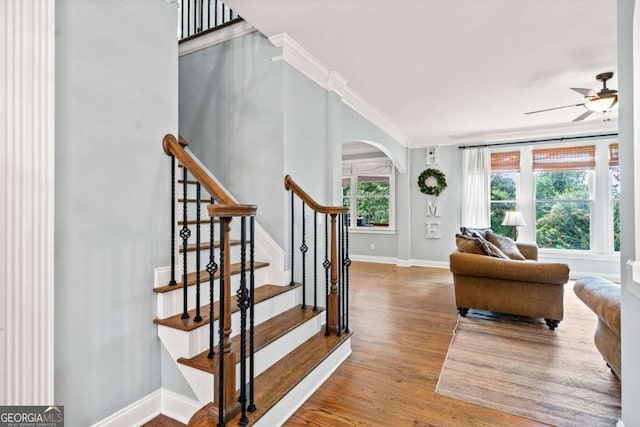 living room featuring crown molding, ceiling fan, and light hardwood / wood-style flooring