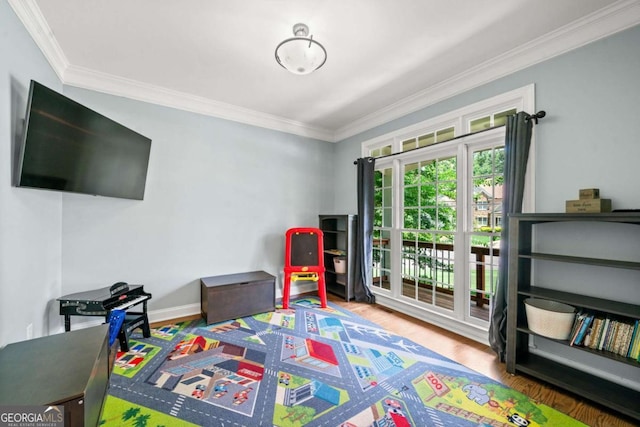 playroom featuring ornamental molding and wood-type flooring